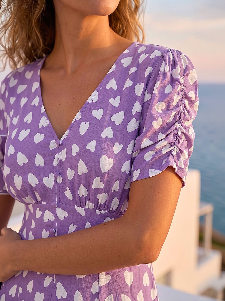Roman Purple Heart Print Ruched Midi Dress - Image 5 of 5 Roman Purple Heart Print Ruched Midi Dress - Image 5 of 5