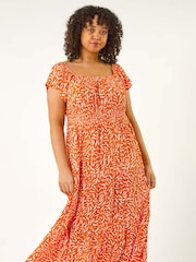 Roman Orange Curve Shirred Printed Dress - Image 1 of 5
