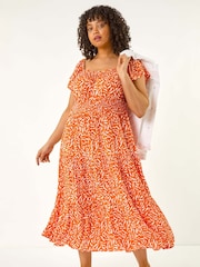 Roman Orange Curve Shirred Printed Dress - Image 2 of 5