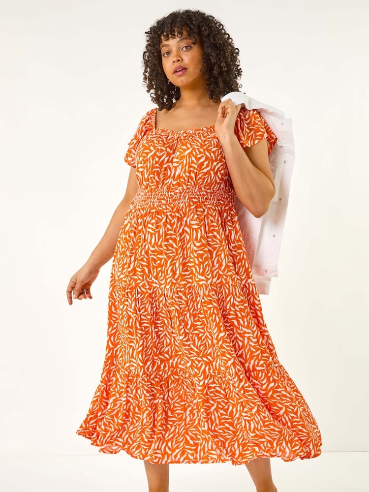 Roman Orange Curve Shirred Printed Dress - Image 2 of 5