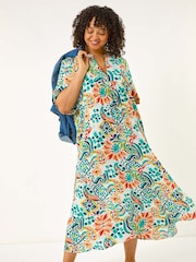 Roman Blue Curve Printed V-Neck Midi Dress - Image 1 of 5