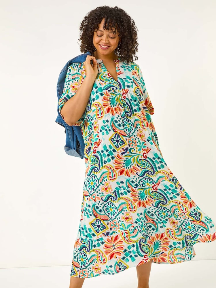 Roman Blue Curve Printed V-Neck Midi Dress - Image 1 of 5