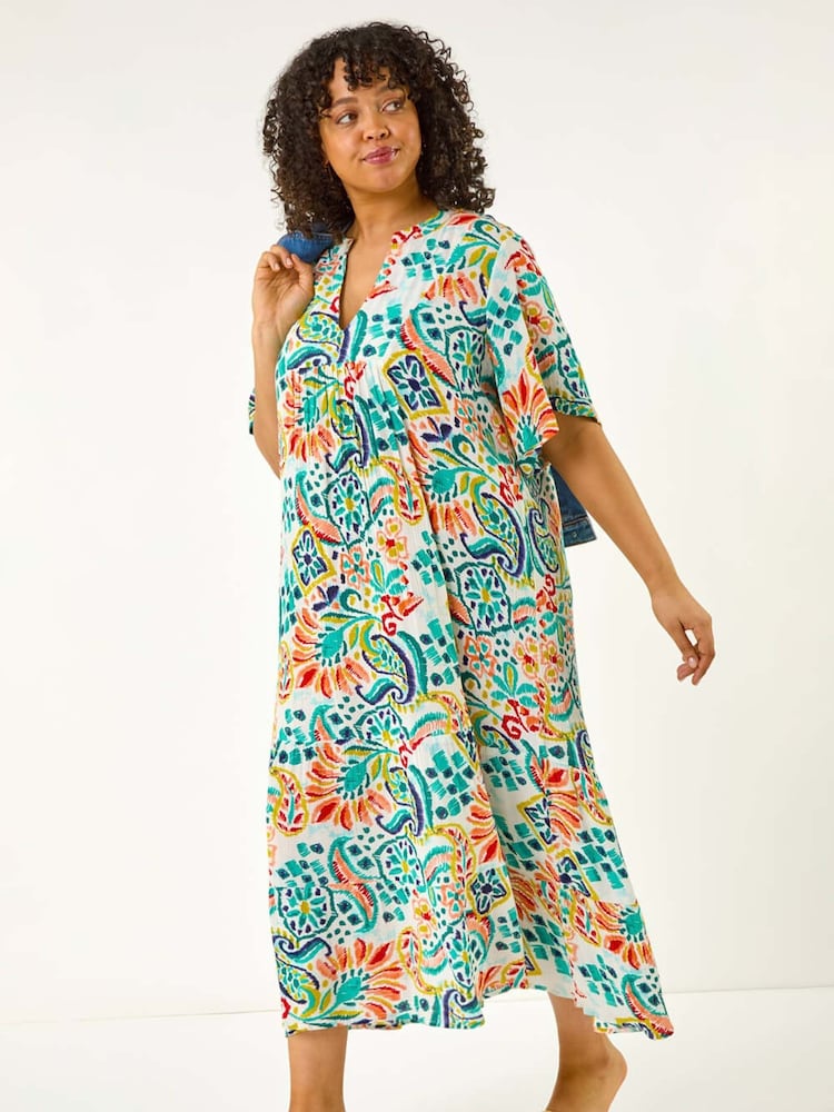 Roman Blue Curve Printed V-Neck Midi Dress - Image 2 of 5