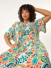 Roman Blue Curve Printed V-Neck Midi Dress - Image 4 of 5