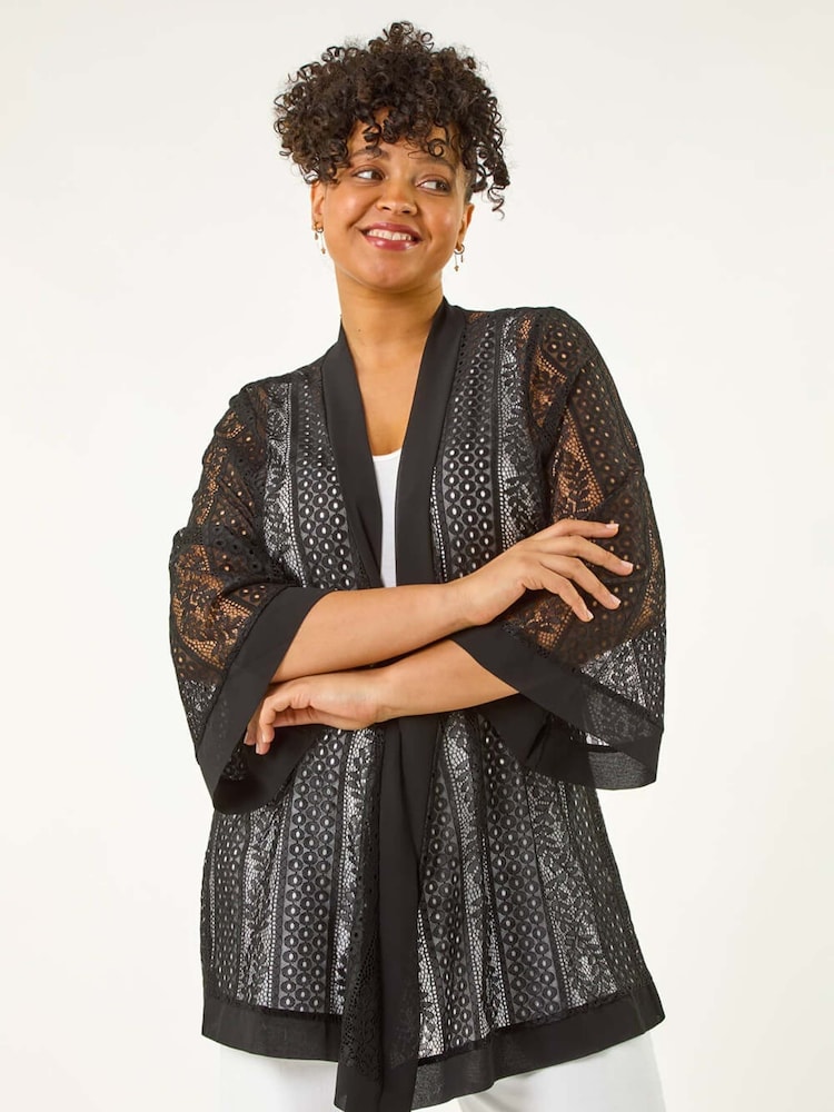 Roman Black Curve Crochet Knit Cardigan - Image 1 of 5