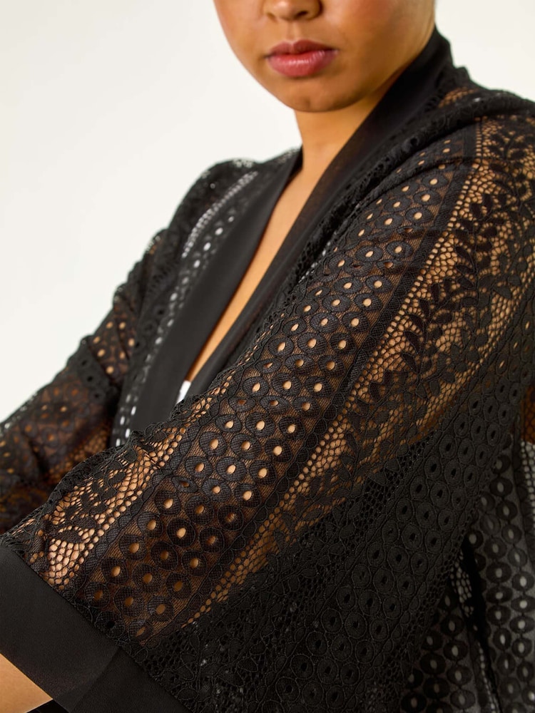 Roman Black Curve Crochet Knit Cardigan - Image 5 of 5