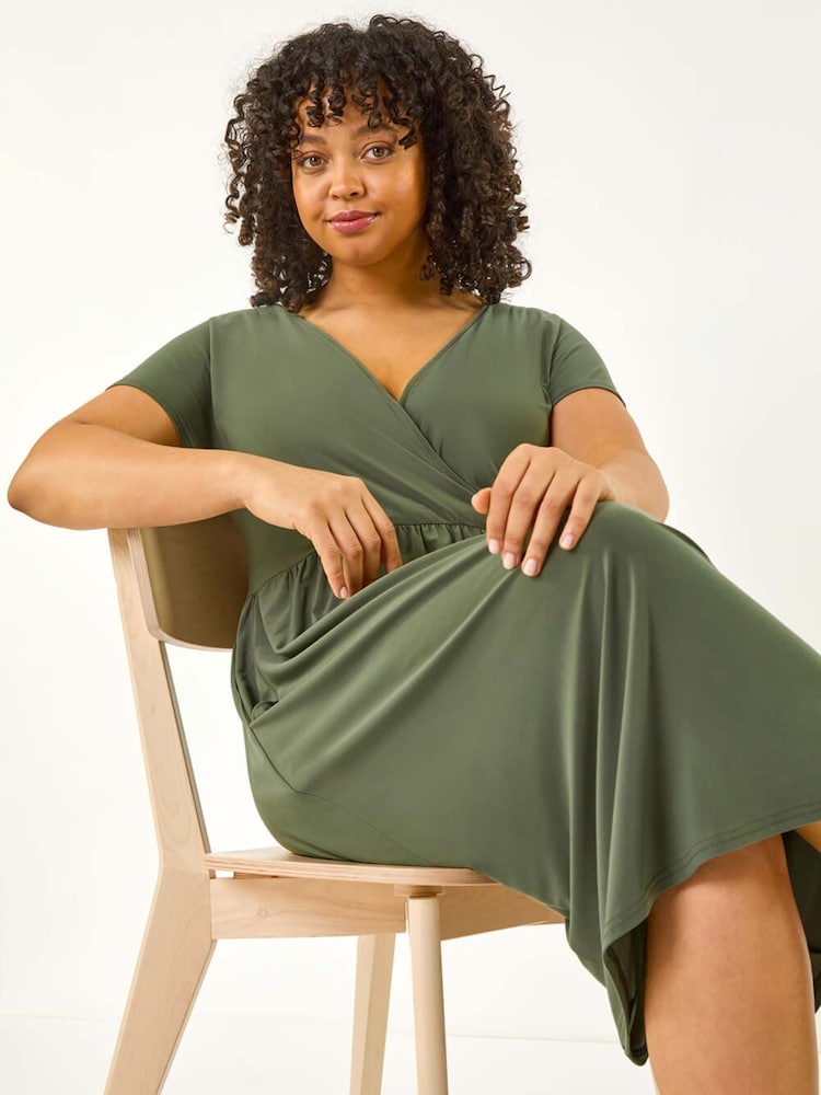 Roman Green Curve Wrap Front Stretch Dress - Image 1 of 5