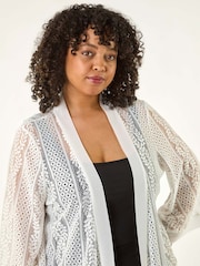 Roman White Curve Crochet Knit Cardigan - Image 2 of 5