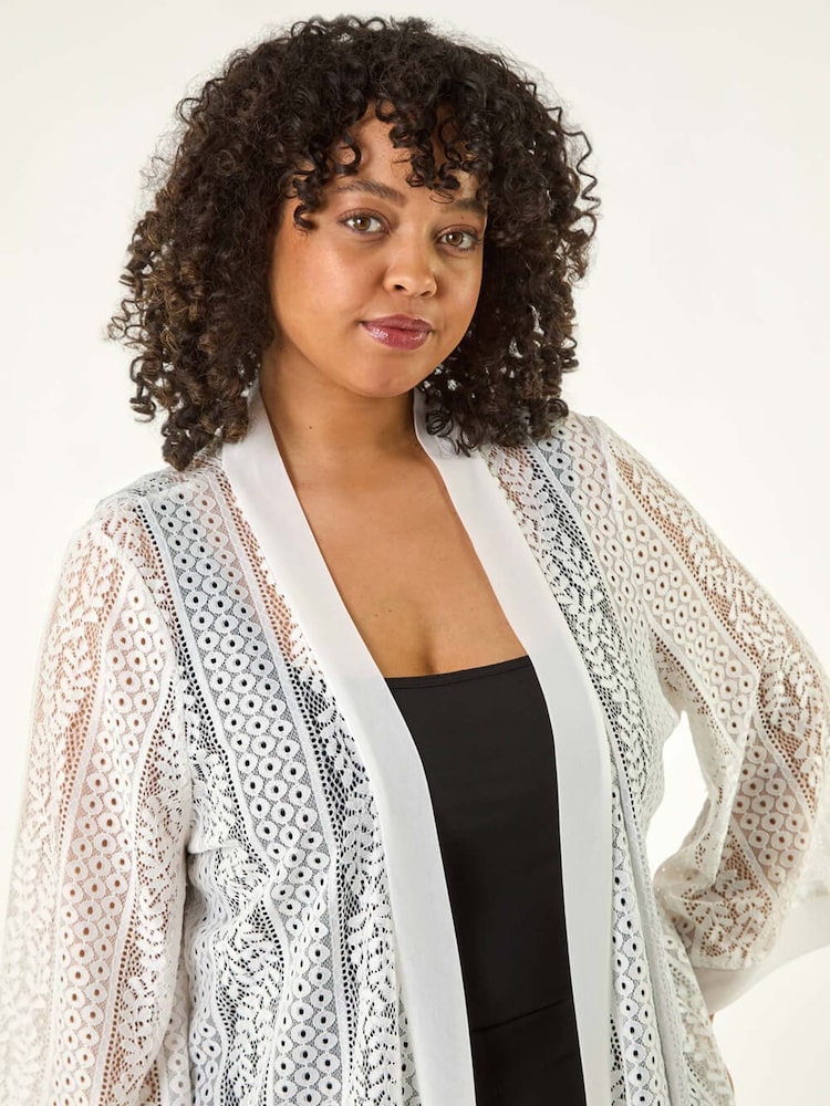 Roman White Curve Crochet Knit Cardigan - Image 2 of 5
