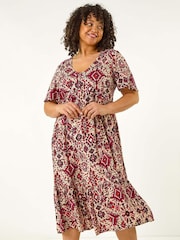 Roman Pink Curve Ikat Print Tiered Dress - Image 1 of 5