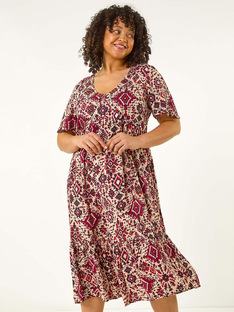 Roman Pink Curve Ikat Print Tiered Dress - Image 1 of 5