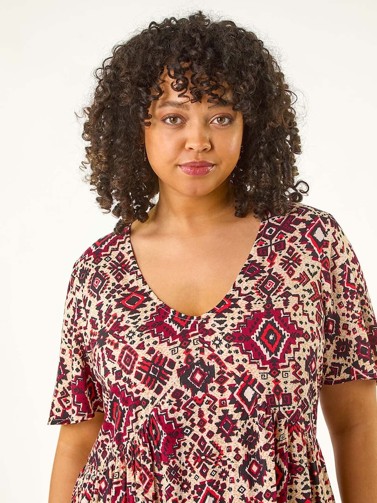 Roman Pink Curve Ikat Print Tiered Dress - Image 4 of 5