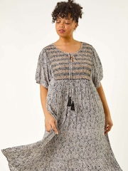 Roman Black Curve Tassel Trim Printed Dress - Image 1 of 5