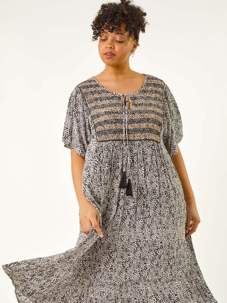 Roman Black Curve Tassel Trim Printed Dress - Image 1 of 5