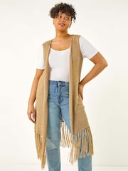 Roman Natural Curve Crochet Knit Tassel Cardigan - Image 1 of 5