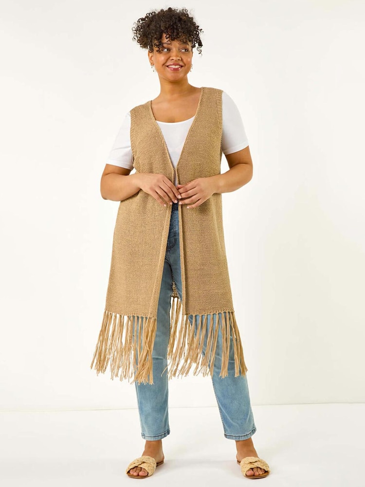 Roman Natural Curve Crochet Knit Tassel Cardigan - Image 2 of 5