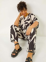 Roman Black Curve Leaf Print Stretch Trousers - Image 1 of 5