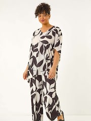 Roman Black Curve Leaf Print Stretch Trousers - Image 2 of 5