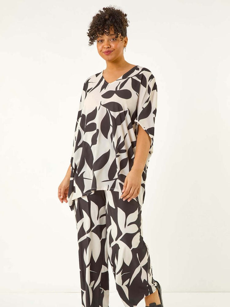 Roman Black Curve Leaf Print Stretch Trousers - Image 2 of 5