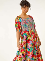 Roman Multi Curve Floral Print Shirred Midi Dress - Image 1 of 5