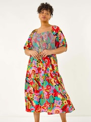 Roman Multi Curve Floral Print Shirred Midi Dress - Image 2 of 5