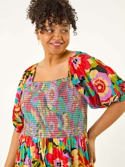 Roman Multi Curve Floral Print Shirred Midi Dress - Image 4 of 5