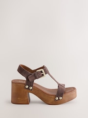 Dune London Brown Jaynie Chunky T-Bar Wood Block Sandals - Image 1 of 1
