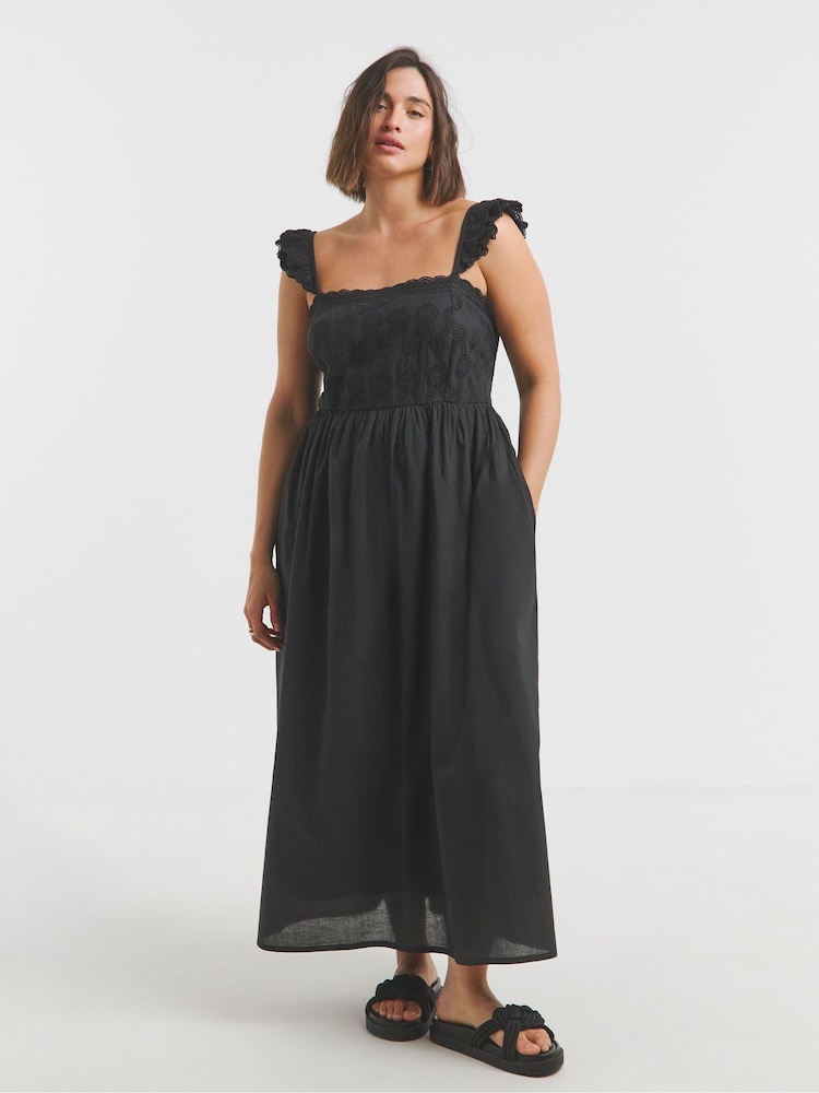 Simply Be Black Broderie Detail Midi 100% Cotton Dress - Image 1 of 4