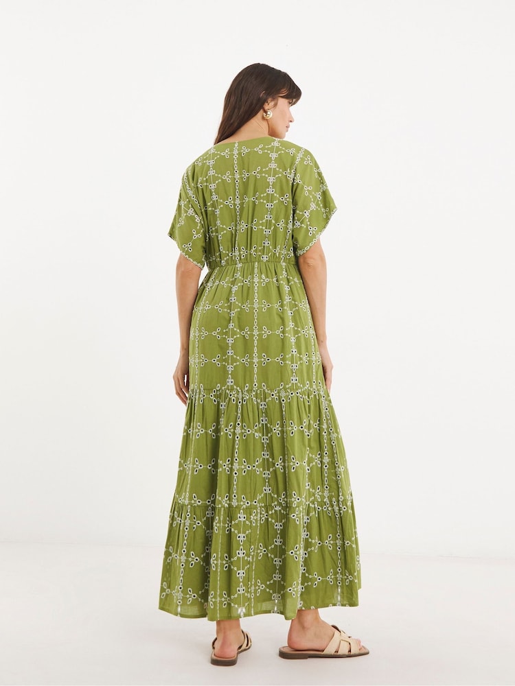 JD Williams Green 100% Cotton Broderie Smock Dress - Image 2 of 4
