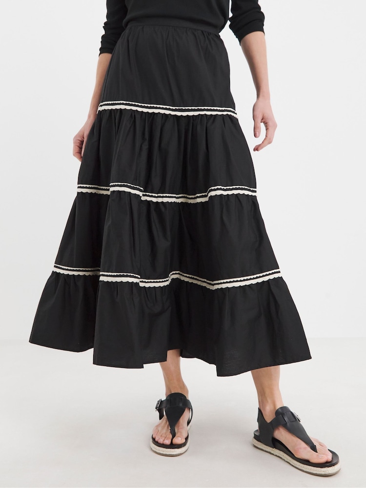 JD Williams Black 100% Cotton Ric Rac Tiered Maxi Skirt - Image 1 of 5 JD Williams Black 100% Cotton Ric Rac Tiered Maxi Skirt - Image 1 of 5