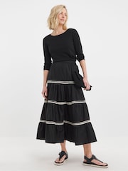 JD Williams Black 100% Cotton Ric Rac Tiered Maxi Skirt - Image 2 of 5