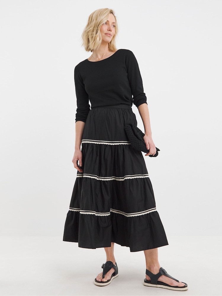 JD Williams Black 100% Cotton Ric Rac Tiered Maxi Skirt - Image 2 of 5 JD Williams Black 100% Cotton Ric Rac Tiered Maxi Skirt - Image 2 of 5
