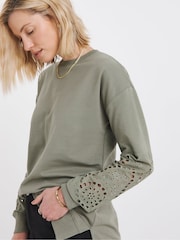 JD Williams Green Crew Neck Broderie Sleeve and Back Sweatshirt - Image 1 of 4