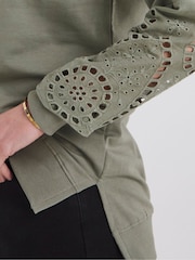 JD Williams Green Crew Neck Broderie Sleeve and Back Sweatshirt - Image 3 of 4