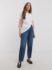 JD Williams White 100% Cotton Broderie 3/4 Length Sleeve Crew Neck Blouse - Image 3 of 4