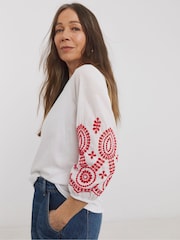 JD Williams White 100% Cotton Broderie 3/4 Length Sleeve Crew Neck Blouse - Image 4 of 4