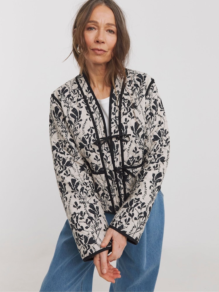 JD Williams Mono Print Tie Front Quilted Jacket - Image 1 of 5