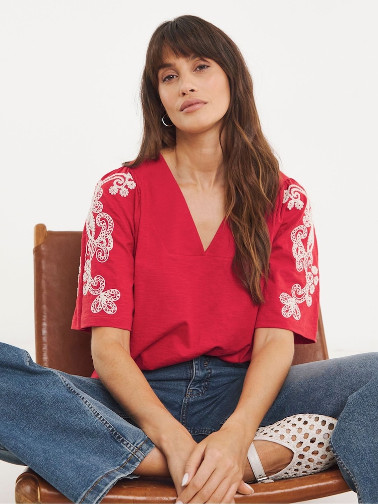 JD Williams Red 100% Cotton V-Neck Embroidered Sleeve Top - Image 1 of 4 JD Williams Red 100% Cotton V-Neck Embroidered Sleeve Top - Image 1 of 4