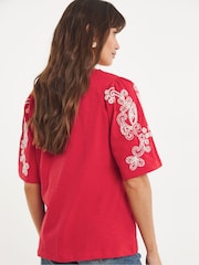 JD Williams Red 100% Cotton V-Neck Embroidered Sleeve Top - Image 2 of 4