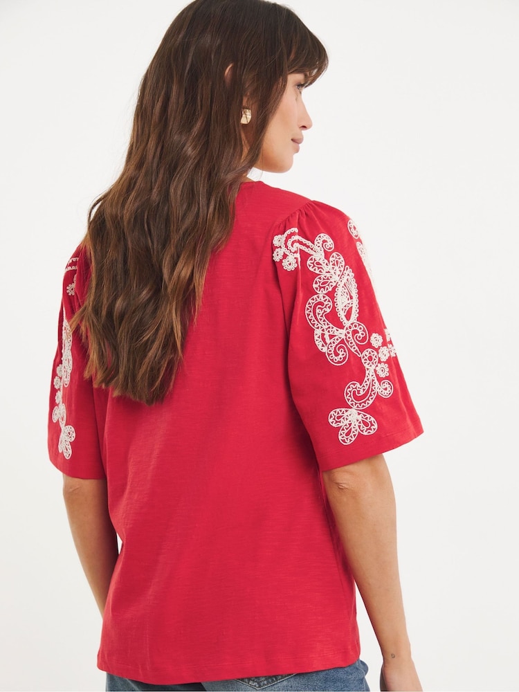 JD Williams Red 100% Cotton V-Neck Embroidered Sleeve Top - Image 2 of 4 JD Williams Red 100% Cotton V-Neck Embroidered Sleeve Top - Image 2 of 4
