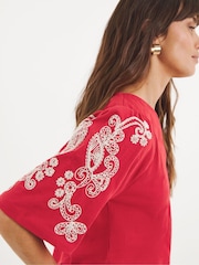 JD Williams Red 100% Cotton V-Neck Embroidered Sleeve Top - Image 3 of 4