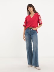 JD Williams Red 100% Cotton V-Neck Embroidered Sleeve Top - Image 4 of 4