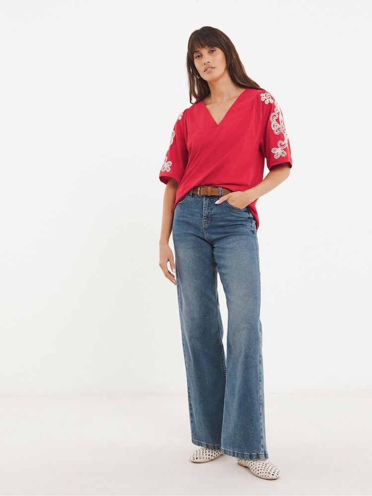 JD Williams Red 100% Cotton V-Neck Embroidered Sleeve Top - Image 4 of 4 JD Williams Red 100% Cotton V-Neck Embroidered Sleeve Top - Image 4 of 4