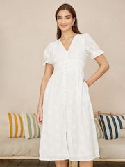 Yumi White Broderie Anglaise Midi Button-Up 100% Cotton Dress - Image 1 of 5