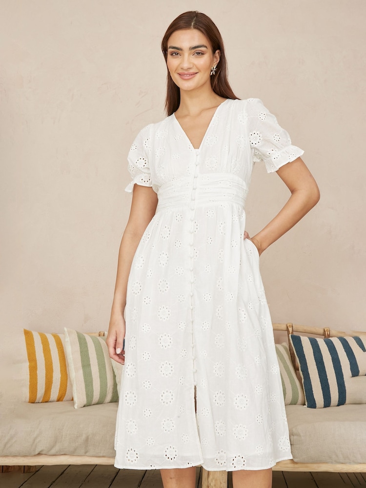Yumi White Broderie Anglaise Midi Button-Up 100% Cotton Dress - Image 1 of 5