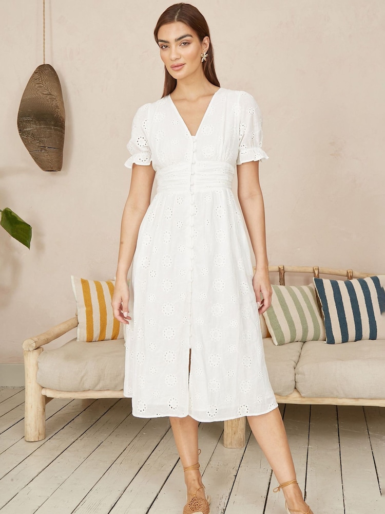 Yumi White Broderie Anglaise Midi Button-Up 100% Cotton Dress - Image 2 of 5