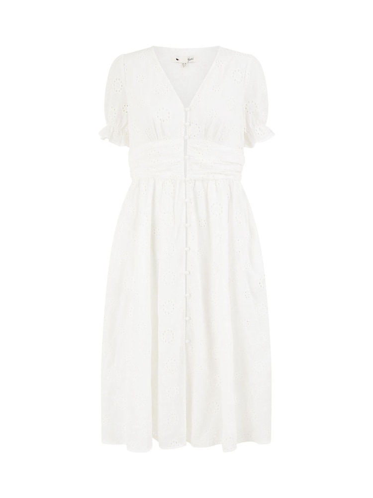 Yumi White Broderie Anglaise Midi Button-Up 100% Cotton Dress - Image 5 of 5