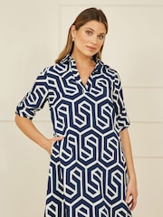 Yumi Blue Geo Print Tunic Dress With Pockets - Image 1 of 5