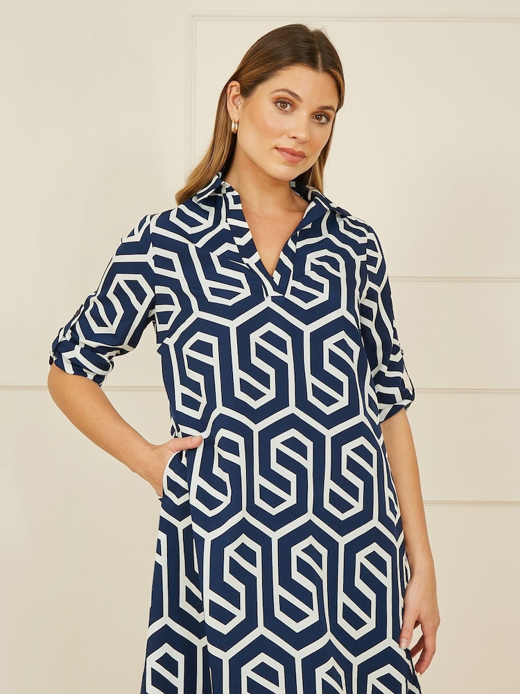 Yumi Blue Geo Print Tunic Dress With Pockets - Image 1 of 5