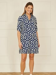 Yumi Blue Geo Print Tunic Dress With Pockets - Image 2 of 5